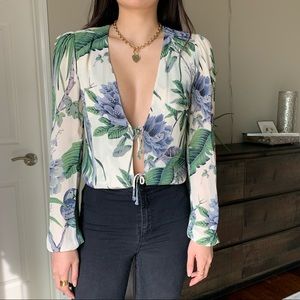 Reformation tropical print front tie blouse